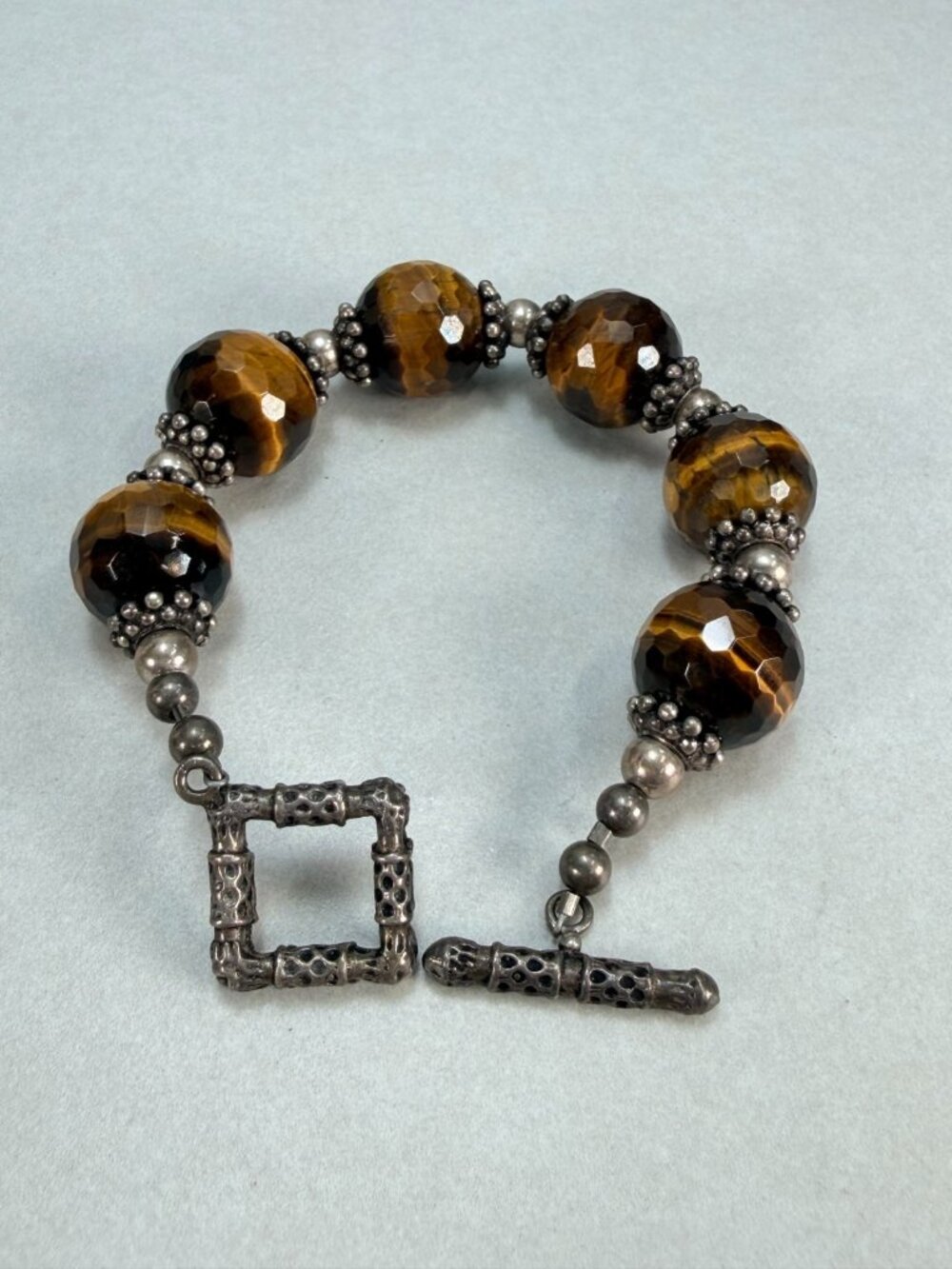 Vintage Tiger Eye Gemstone Bracelet Sterling Silver Toggle Artisan